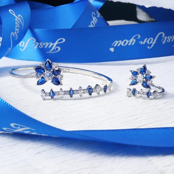 Rhodium-plated lab-created Gemstone Floral Bangle Bracelet - Picture 3 of 9